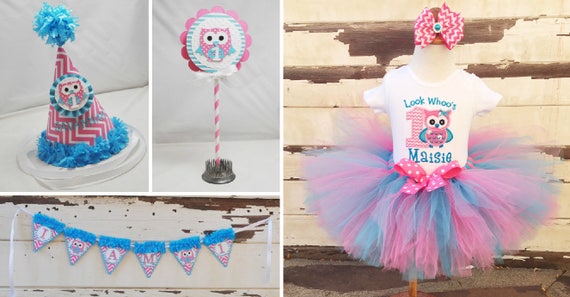 Girl Owl Party Package, 1st First Birthday Girl, Tutu Outfit and Photo Props, Personalized Bodysuit and Hat, High Chair Banner, Cake Topper Il_570xn