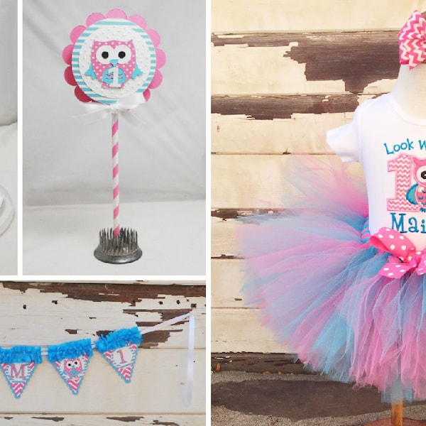 Girl Owl Party Package, 1st First Birthday Girl, Tutu Outfit and Photo Props, Personalized Bodysuit and Hat, High Chair Banner, Cake Topper