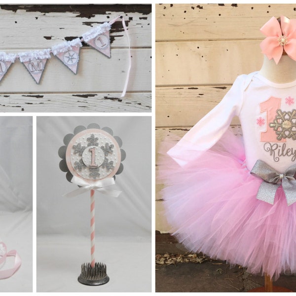 Snowflake Party Package Girl, 1st Birthday Winter Tutu Outfit and Smash Cake Photo Props Set, Personalized Shirt and Hat, Banner, Topper