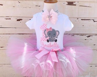 Elephant 1st Birthday Tutu Outfit, Pink and Grey, Personalized Bodysuit