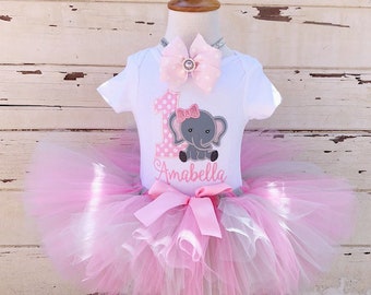 Elephant Tutu Outfit, 1st First Birthday Girl, Pink and Grey, Personalized Bodysuit, Headband, Cake Smash Photo