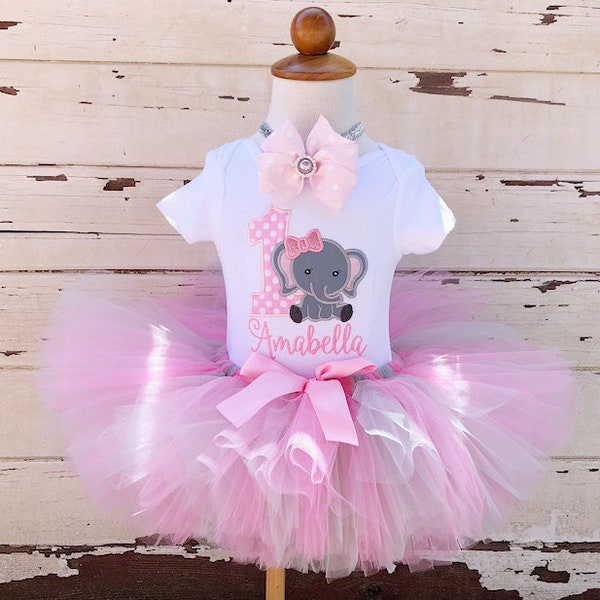 Elephant Tutu Outfit, 1st First Birthday Girl, Pink and Grey, Personalized Bodysuit, Headband, Cake Smash Photo