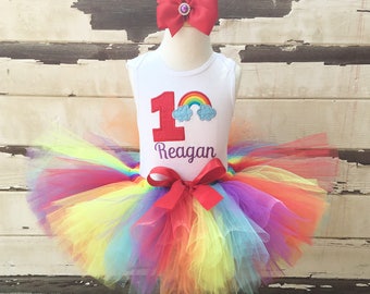 Rainbow Tutu Outfit, 1st Birthday Girl, Personalized Bodysuit, Headband Hair bow, Rainbow Baby, Girl Cake Smash Photo