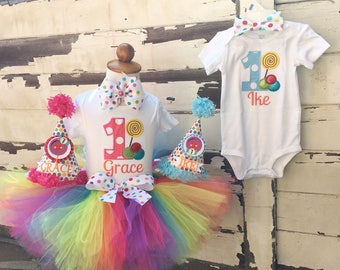 Candyland Boy Girl Twins 1st Birthday Party Package, Tutu, Personalized Hat, Lollipop Bodysuit, Headband Hair bow, Bow tie, Smash Cake Set