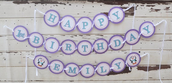 Girl Penguin Happy Birthday Wall Banner with Name, First 1st Winter Birthday Party Decor Decorations Il_570xn