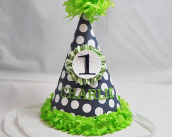 Personalized Party Hat Navy and Green Polka Dots Or Stripes, 1st Birthday Baby Toddler Boy, Smash Cake Photo Prop