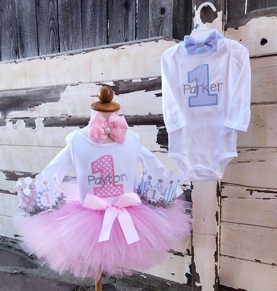 Light Pink Tutu Boy and Girl Twins Aqua Bow Tie Birthday Matching Outfits Custom Names Pink and Blue 1st Birthday Outfits Personalized