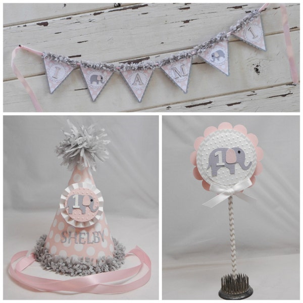 Ragazza Elefante Party Decor Smash Cake Photo Props Set di 3 pezzi, 1 ° primo compleanno ragazza, cappello da festa personalizzato, banner per seggiolone, topper