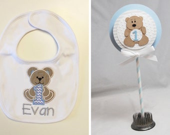 Teddy Bear Bib and Cake Topper Set Personalized, Baby Toddler Boy, 1st Birthday Party Decor, Cake Smash Photo Props