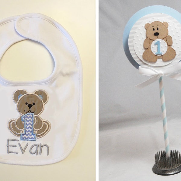 Teddy Bear Bib and Cake Topper Set Personalized, Baby Toddler Boy, 1st Birthday Party Decor, Cake Smash Photo Props