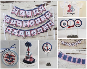 Nautical Party Package, 1st First Birthday Baby Toddler Boy, Personalized Anchor Bodysuit And Matching Sailboat Decor Decorations