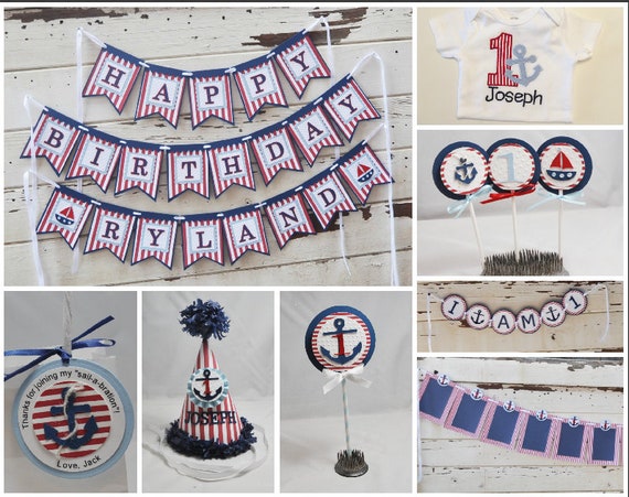 Nautical Party Package, 1st First Birthday Baby Toddler Boy, Personalized Anchor Bodysuit And Matching Sailboat Decor Decorations Il_570xn