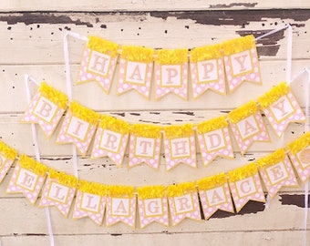 Pink Lemonade Happy Birthday Wall Banner with Name, Baby Toddler Girl Lemon Themed Summer Party Decor Decorations
