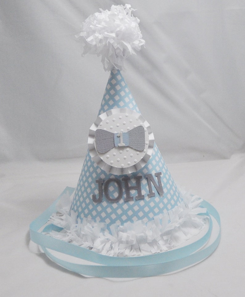 Little Man Party Hat Personalized with Bow Tie, 1st First Birthday Baby Toddler Boy, Smash Cake Photo Prop image 2