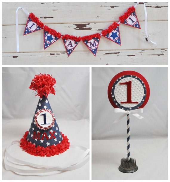 Stars and Stripes 1st Birthday Smash Cake Photo Props Set, Personalized Hat, High Chair Banner, Topper, Patriotic 4th of July Party Decor Il_570xn