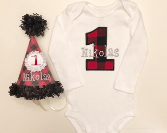 Buffalo Plaid Personalized Party Hat and Bodysuit or Shirt Set, 1st First Birthday Baby Boy, Smash Cake Photo Props, Lumberjack Outfit