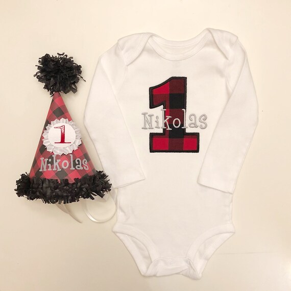 Buffalo Plaid Personalized Party Hat and Bodysuit or Shirt Set, 1st First Birthday Baby Boy, Smash Cake Photo Props, Lumberjack Outfit Il_570xn