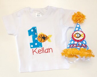 Fish 1st Birthday Shirt and Personalized Party Hat Set, Gone Fishing, Under the Sea Toddler Baby Smash Cake Photo Props