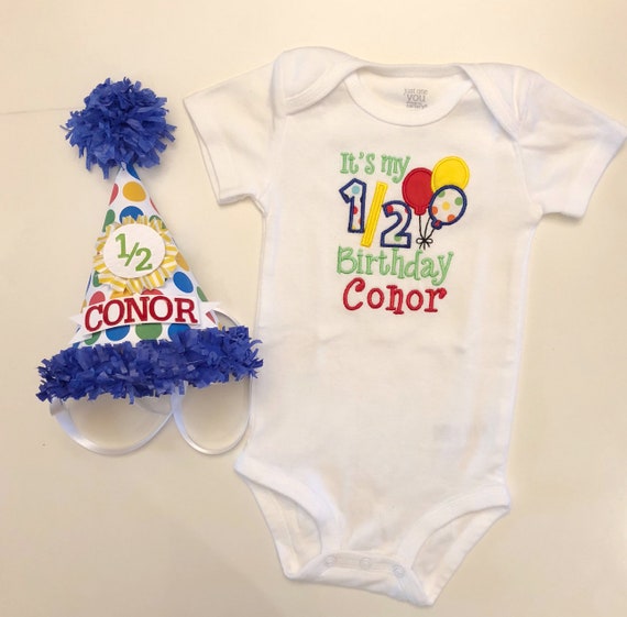 Half Birthday Personalized Balloon Bodysuit and Primary Colors Polka Dots Party Hat Set Baby Boy, Photo Props Il_570xn