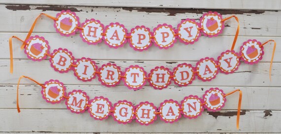 Cupcake Happy Birthday Wall Banner with Name Personalized, Pink and Orange Party Decor Decorations, Girl Children's Party Decor Decoration Il_570xn