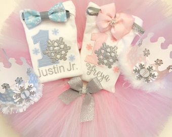 Snowflake Boy Girl Twins 1st Birthday Party Cake Smash Set, Personalized Winter Onederland Tutu Outfit, Bodysuits, Crowns, Bow tie, Hair bow