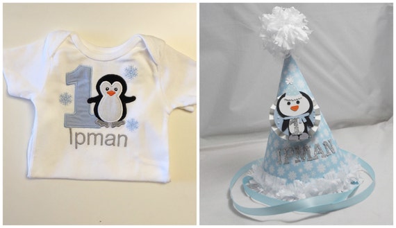 Boy Penguin Bodysuit Or Shirt And Personalized Party Hat Set, Smash Cake Photo Prop Winter Snowflake Birthday Il_570xn