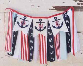 Nautical High Chair Banner, ONE Fabric and Ribbon Bunting, 1st Birthday Baby Toddler Boy, Little Sailor Party Anchor Decor Decorations