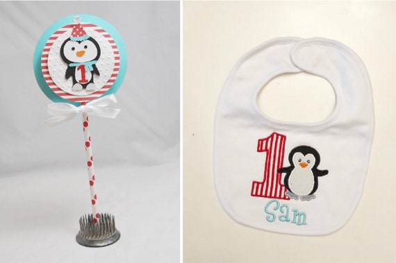 Boy Penguin Cake Topper and Personalized Bib Set, Baby Toddler 1st First Winter Birthday Smash Cake Photo Prop Il_570xn