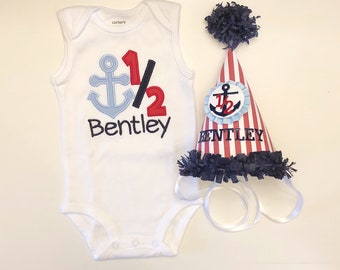 Baby Boy Nautical 6 Month Birthday, Personalized 1/2 Bodysuit Shirt and Party Hat Set, Little Sailor Photo Props