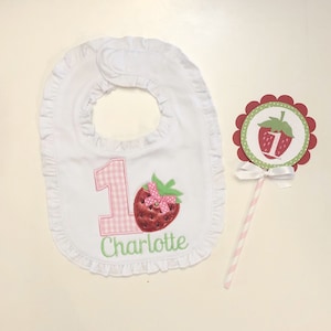 Personalized Strawberry Bib and Cake Topper Set, 1st First Birthday Baby Toddler Girl, Smash Cake Photo Prop, Party Decor