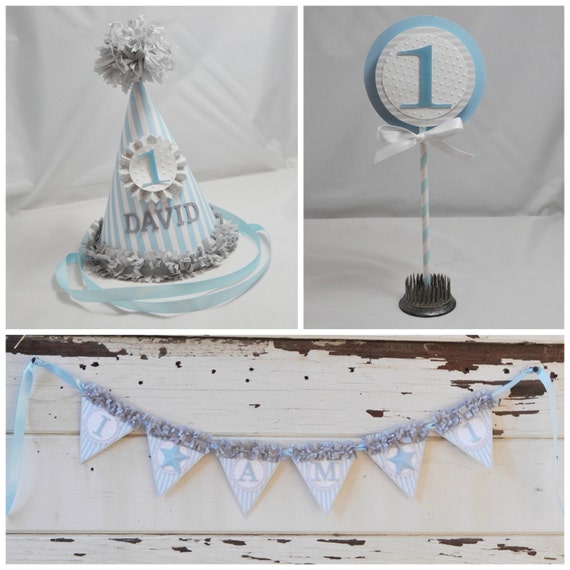 Boy First Birthday Smash Cake Photo Props Set Stripes, Personalized Party Hat, High Chair Banner, Cake Topper, Party Package Toddler Il_570xn
