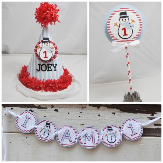 Snowman Smash Cake Photo Prop Set, 1st First Birthday Boy Or Girl, Personalized Party Hat, High Chair Banner, Cake Topper Il_570xn