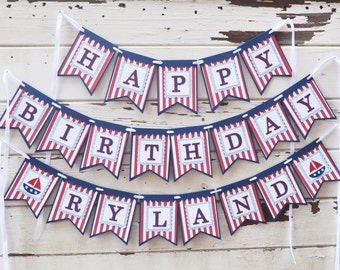 Bandera de cumpleaños feliz náutico con nombre, pequeño marinero niño o niña ancla veleros fiesta, decoración de la pared decoraciones