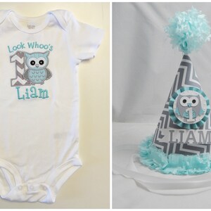 Boy Owl Shirt & Personalized Party Hat Set, Look Whoo's Turning 1,Toddler Baby First Birthday Smash Cake Photo Props, Woodland Forest Friend bild 1