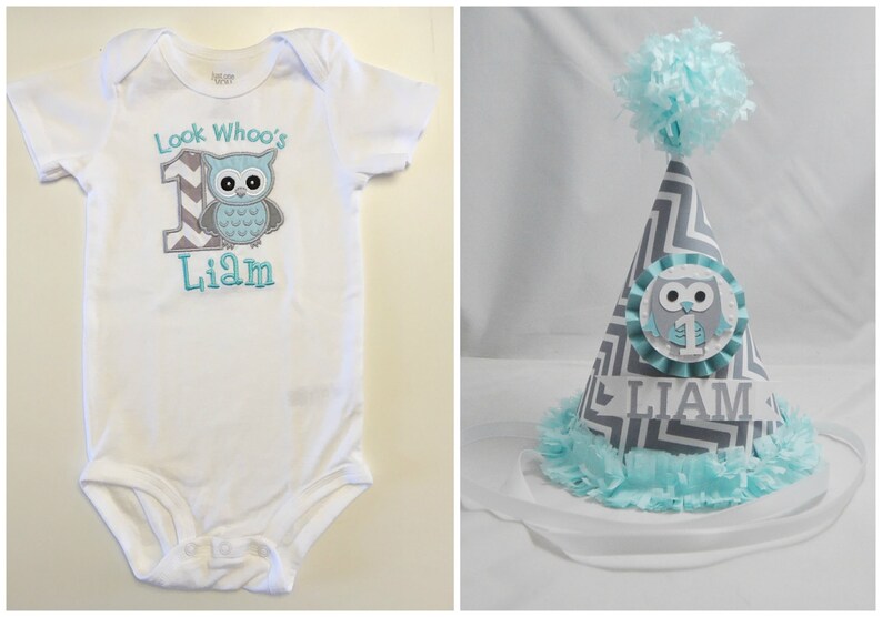 Boy Owl Shirt & Personalized Party Hat Set, Look Whoo's Turning 1,Toddler Baby First Birthday Smash Cake Photo Props, Woodland Forest Friend bild 1