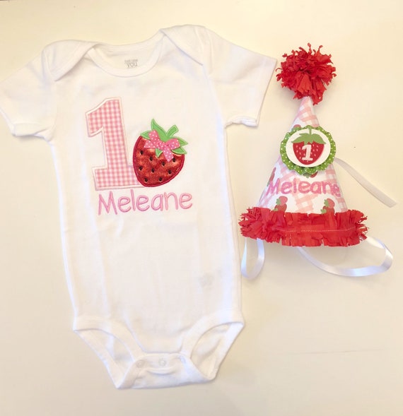 Strawberry Party Hat and Personalized Bodysuit or Shirt Set, 1st First Summer Birthday Baby Toddler Girl, Smash Cake Photo Prop Il_570xn