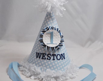 Boy Gingham Party Hat Personalized, 1st First Birthday Baby Toddler Smash Cake Photo Prop