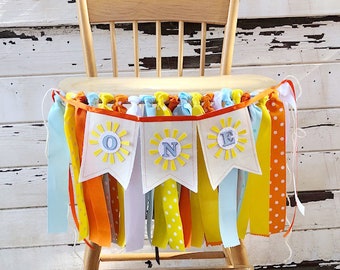 Boy Sunshine High Chair Banner, ONE Bunting Garland, Ribbon and Fabric, You Are My Sunshine Party Decor