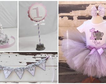 Elephant Party Package, Lavender and Grey, 1st Birthday Tutu Outfit and Smash Cake Photo Props, Personalized Hat, High Chair Banner, Topper