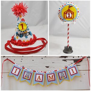Circus Smash Cake Photo Props 3 Piece Party Package Set, 1st First Birthday Baby Toddler Boy Girl Personalized Hat, Banner, Topper