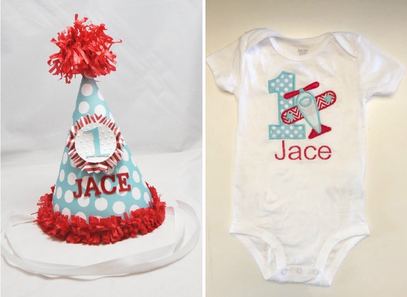 Airplane 1st Birthday Bodysuit Shirt And Party Hat Set Red And Aqua