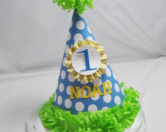 Boy Blue Polka Dot Party Hat Personalized, Baby Toddler Smash Cake Photo Prop, Custom First 1st Birthday Hat
