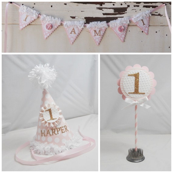 Pink and Gold Smash Cake Photo Props Party Package, 1st First Birthday Girl, Personalized Party Hat, High Chair Banner Bunting, Cake Topper Il_570xn