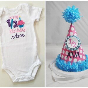 Girl Half Birthday Hat Personalized And Matching Bodysuit Cupcake Shirt Set, 6 month Baby Smash Cake Photo Prop Party image 1