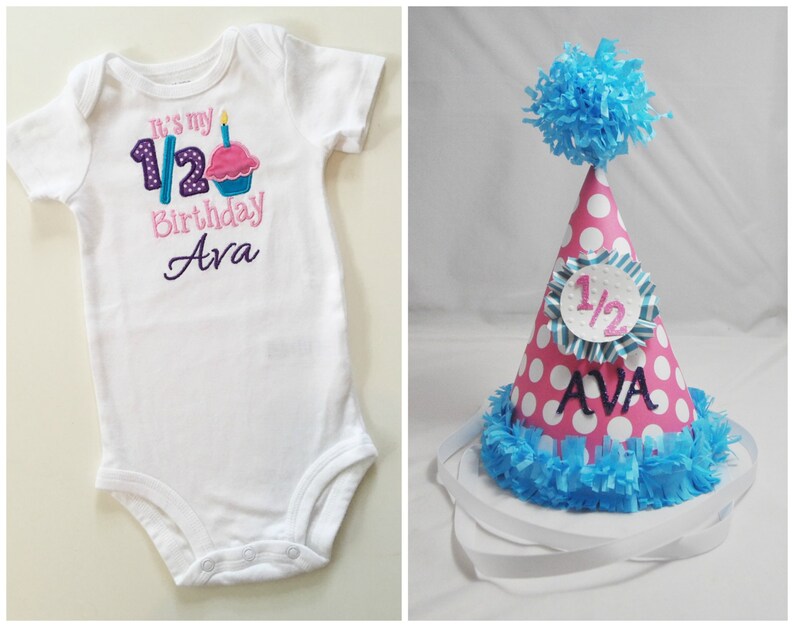 Girl Half Birthday Hat Personalized And Matching Bodysuit Cupcake Shirt Set, 6 month Baby Smash Cake Photo Prop Party image 1