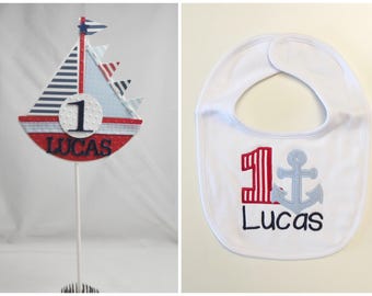 Sailboat Cake Topper Personalized and Anchor Bib Set, Sailor Baby Boy Toddler 1st Birthday Smash Cake Photo Props, Nautical Party Decor