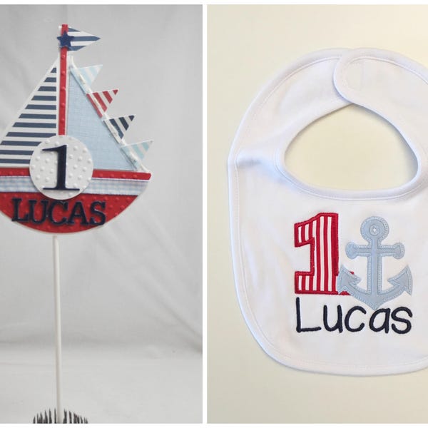 Sailboat Cake Topper Personalized and Anchor Bib Set, Sailor Baby Boy Toddler 1st Birthday Smash Cake Photo Props, Nautical Party Decor