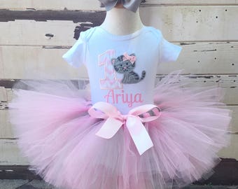 Kitten Tutu Outfit, 1st Birthday Set, Pink and Grey Chevron, Personalized Cat Bodysuit/Shirt, Headband Hair bow, Baby Girl Cake Smash