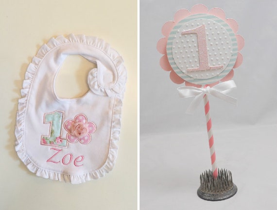 Personalized Floral Bib and Cake Topper Set, 1st First Birthday Baby Girl, Shabby Chic Party Decor, Smash Cake Photo Props Il_570xn