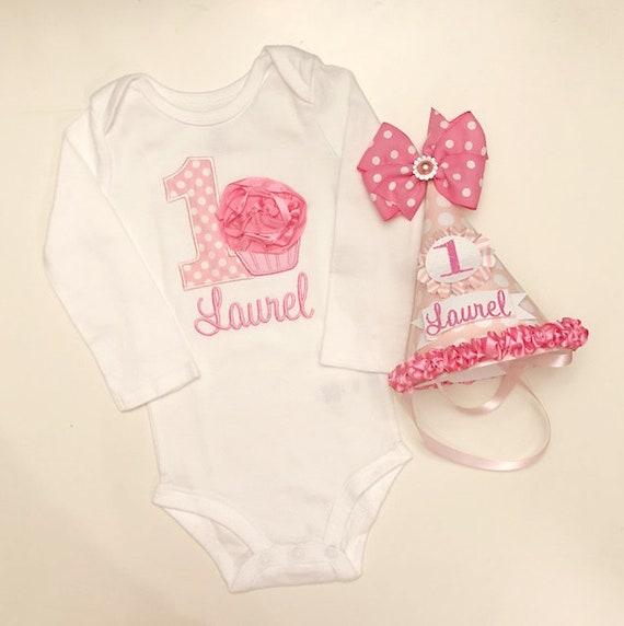 Cupcake 1st Birthday Shirt And Personalized Party Hat Set, Pretty In Pink Smash Cake Photo Props Il_570xn